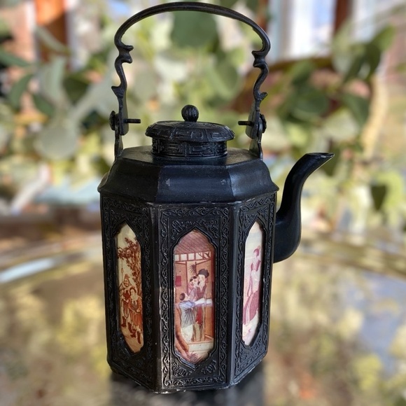 Vintage Chinese Shantou Teapot Pewter Metal Reverse Glass Painted Panels Black - Picture 7 of 16